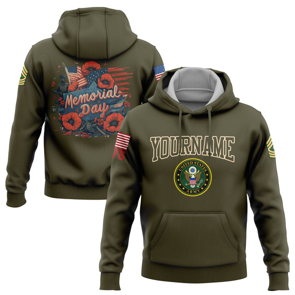 Custom Olive Flower 1776 American Flag U.S Army Military Rank Name Memorial Day Hoodie