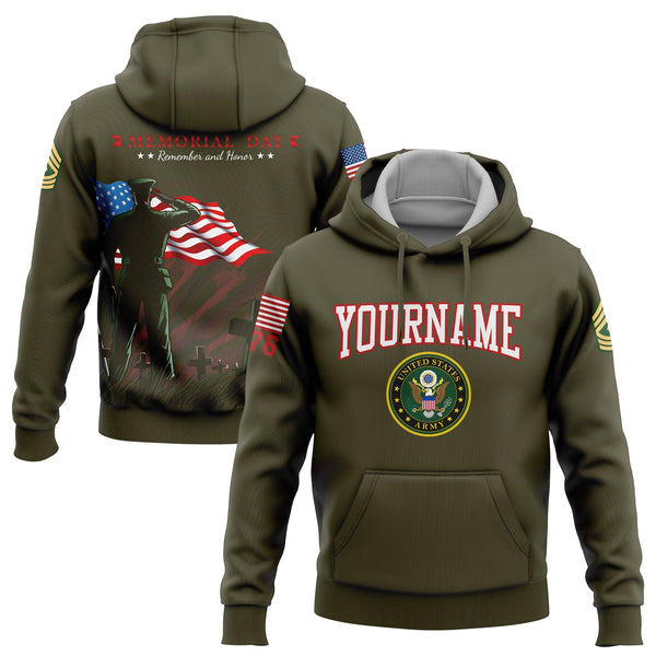 Custom Olive Tombstone Remember And Honor 1776 American Flag U.S Army Military Rank Name Memorial Day Hoodie