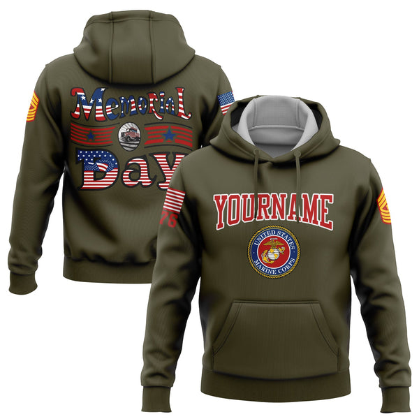 Custom Olive Truck 1776 American Flag U.S Marine Corps Military Rank Name Memorial Day Hoodie