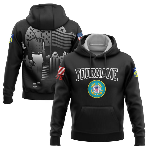 Custom Black Tombstone 1776 American Flag U.S Coast Guard Military Rank Name Memorial Day Hoodie