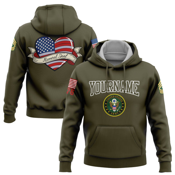 Custom Olive Love 1776 American Flag U.S Army Military Rank Name Memorial Day Hoodie