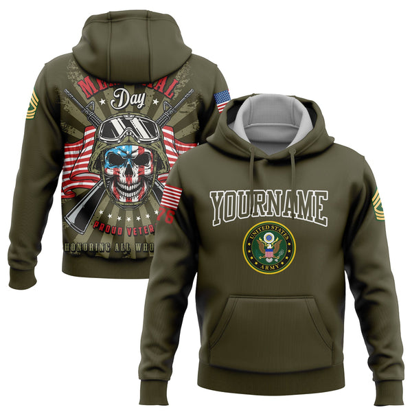 Custom Olive Proud Veteran Honoring All Who Served 1776 American Flag U.S Army Military Rank Name Memorial Day Hoodie