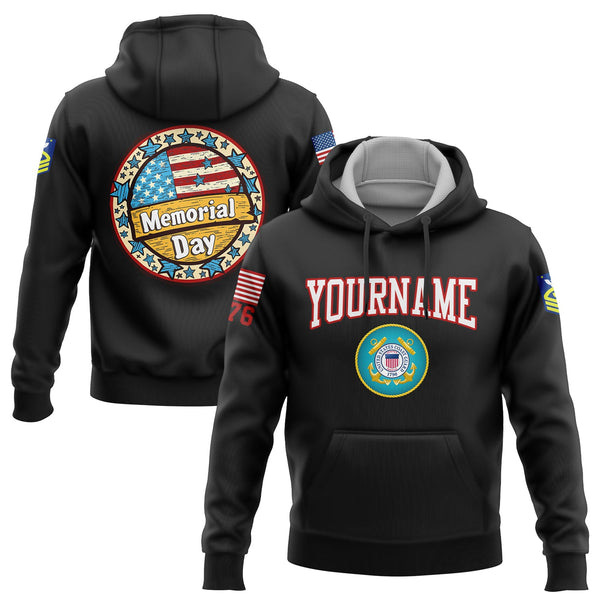 Custom Black 1776 American Flag U.S Coast Guard Military Rank Name Memorial Day Hoodie
