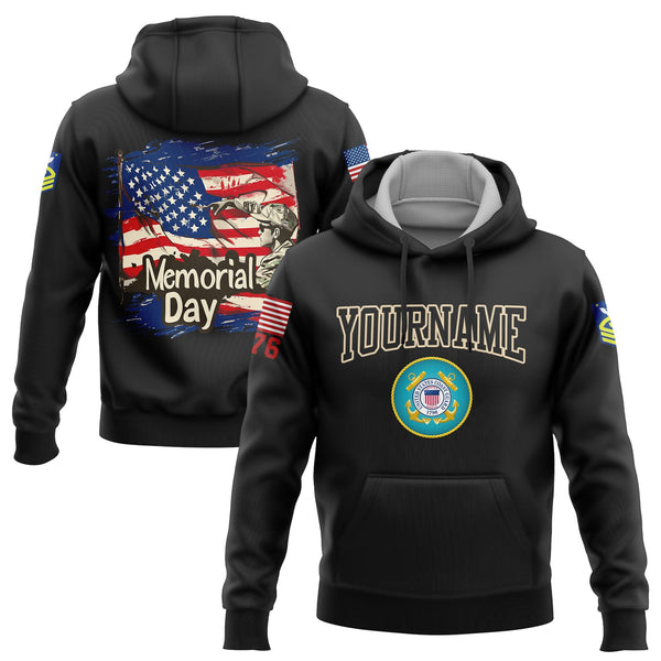 Custom Black 1776 American Flag U.S Coast Guard Military Rank Name Memorial Day Hoodie