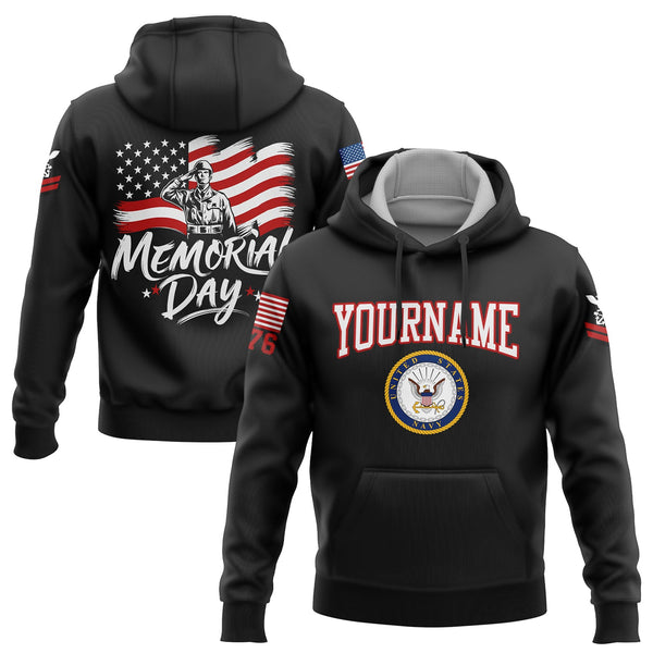 Custom Black 1776 American Flag U.S Navy Military Rank Name Memorial Day Hoodie