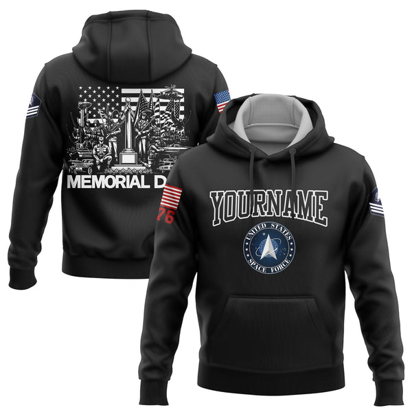 Custom Black 1776 American Flag U.S Space Force Military Rank Name Memorial Day Hoodie