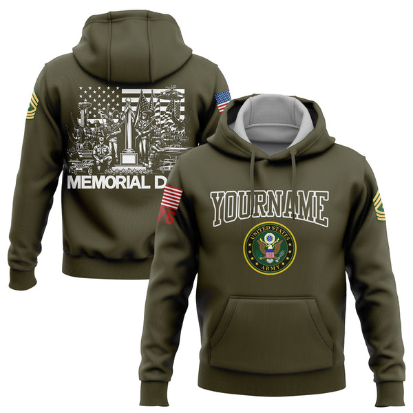 Custom Olive 1776 American Flag U.S Army Military Rank Name Memorial Day Hoodie