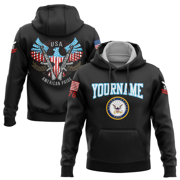 Custom Black USA Eagle Pride 1776 American Flag U.S Navy Military Rank Name Hoodie