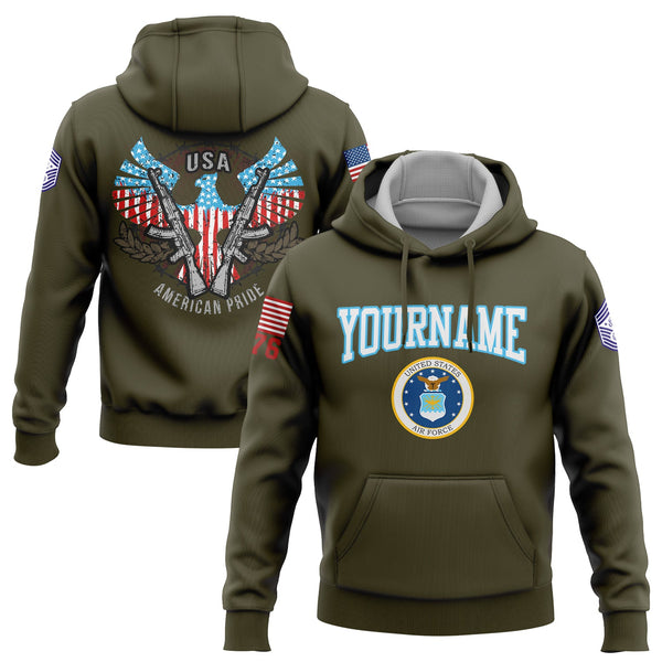 Custom Olive USA Eagle Pride 1776 American Flag U.S Air Force Military Rank Name Hoodie