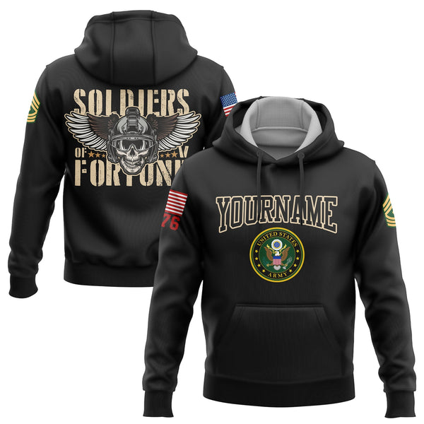 Custom Black Skull Soldiers Of Fortune 1776 U.S Army Military Rank Name Hoodie