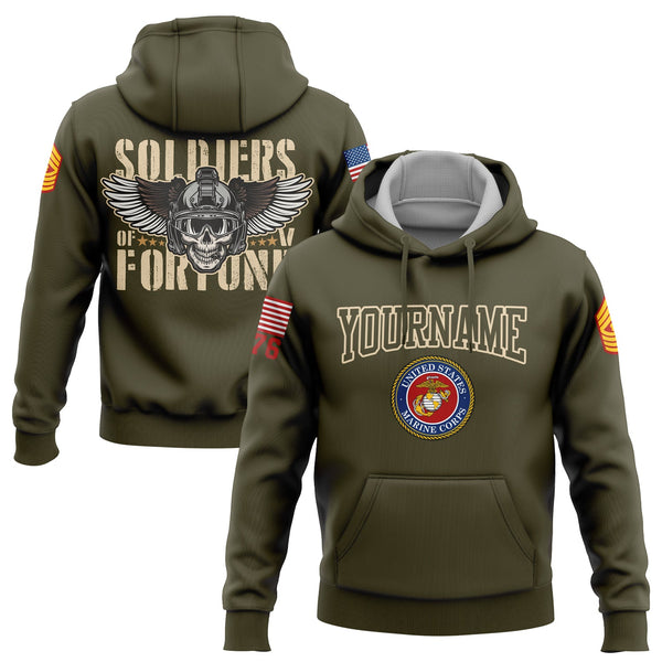 Custom Olive Skull Soldiers Of Fortune 1776 U.S Marine Corps Military Rank Name Hoodie