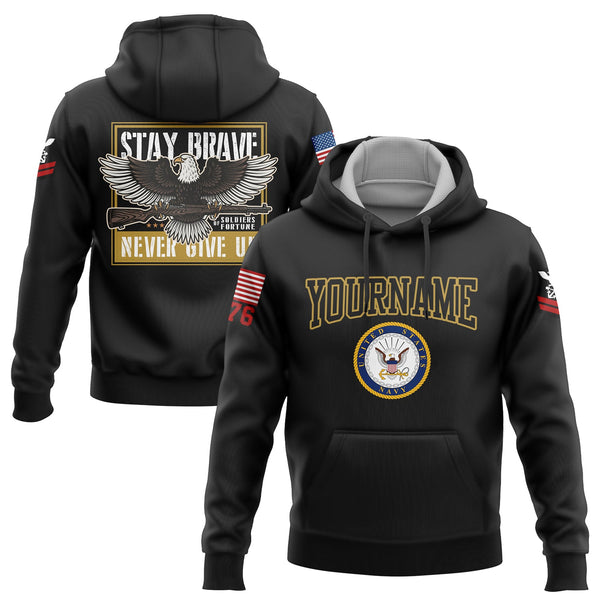 Custom Black Eagle Stay Brave Never Give Up 1776 U.S Navy Military Rank Name Hoodie