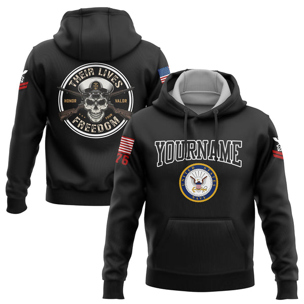 Custom Black Skull Their Lives Freedom 1776 U.S Navy Military Rank Name Hoodie