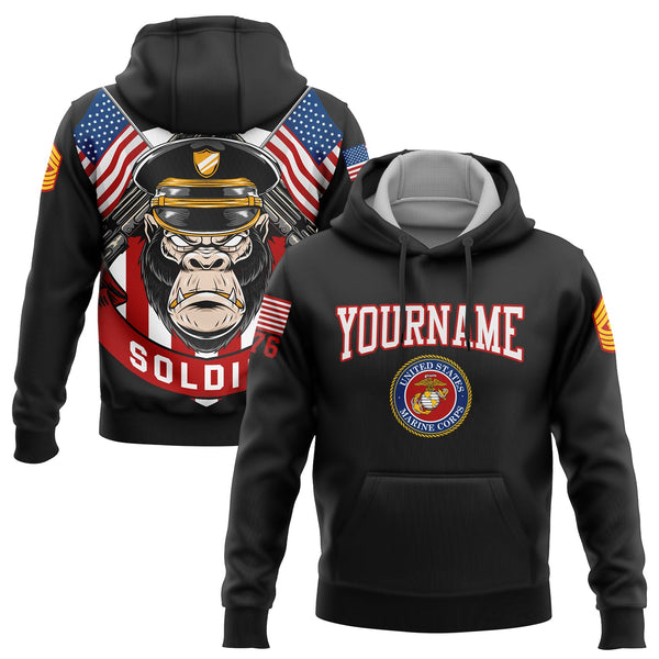 Custom Black Orangutan Soldier 1776 American Flag U.S Marine Corps Military Rank Name Hoodie