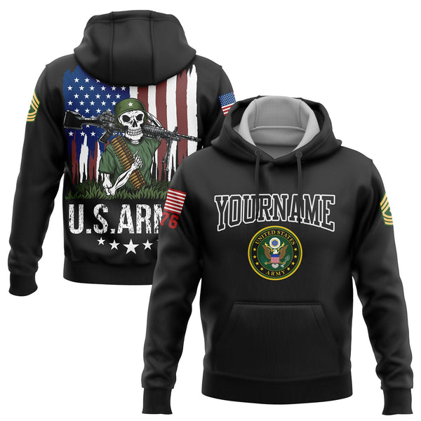 Custom Black Skull Soldier 1776 American Flag U.S Army Military Rank Name Hoodie