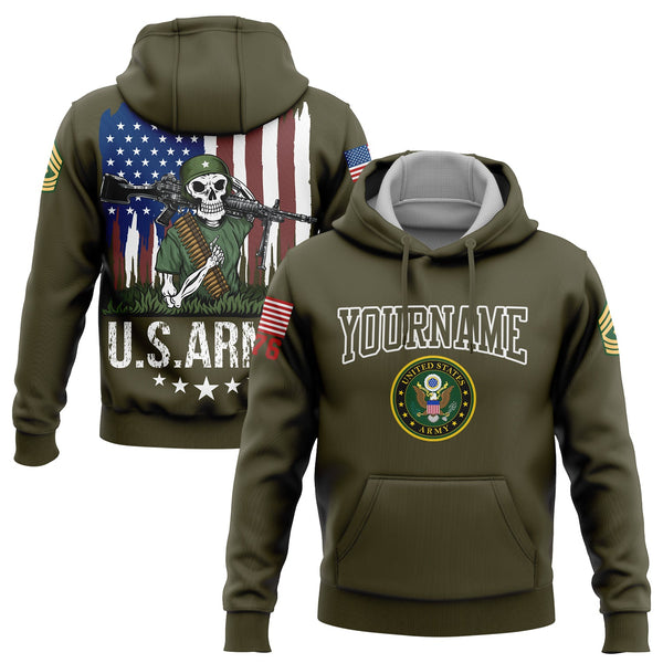 Custom Olive Skull Soldier 1776 American Flag U.S Army Military Rank Name Hoodie