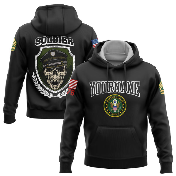 Custom Black Skull Soldier 1776 U.S Army Military Rank Name Hoodie