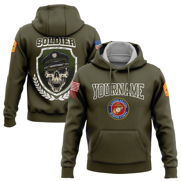 Custom Olive Skull Soldier 1776 U.S Marine Corps Military Rank Name Hoodie