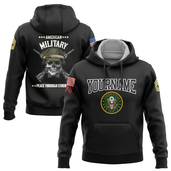 Custom Black Skull Peace Through Strength 1776 U.S Army Military Rank Name Hoodie