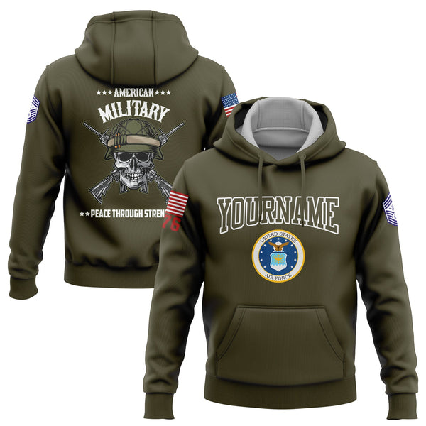 Custom Olive Skull Peace Through Strength 1776 U.S Air Force Military Rank Name Hoodie