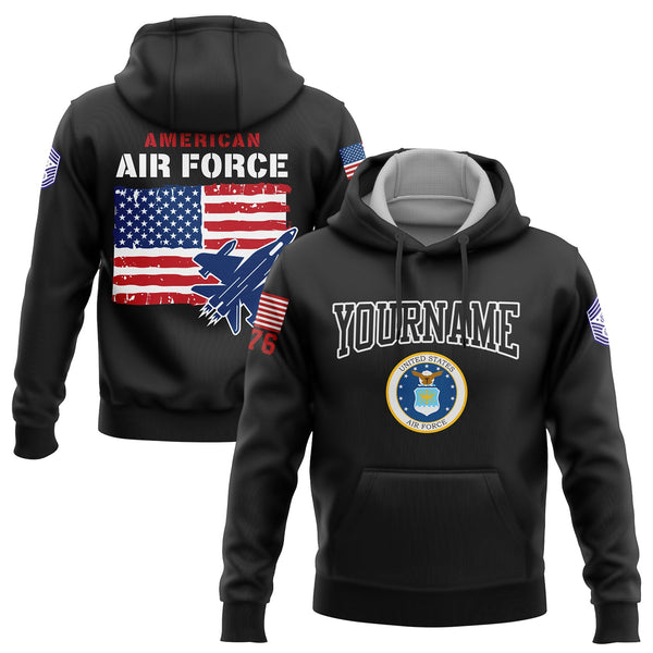 Custom Black 1776 American Flag U.S Air Force Military Rank Name Hoodie