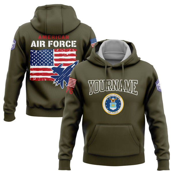 Custom Olive 1776 American Flag U.S Air Force Military Rank Name Hoodie