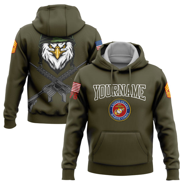 Custom Olive Eagle 1776 U.S Marine Corps Military Rank Name Hoodie