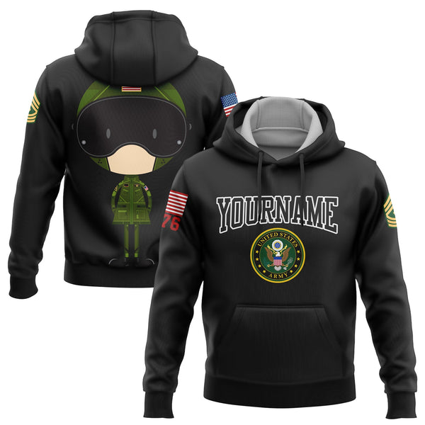 Custom Black Cartoon 1776 U.S Army Military Rank Name Hoodie