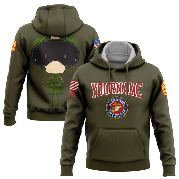 Custom Olive Cartoon 1776 U.S Marine Corps Military Rank Name Hoodie