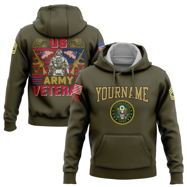 Custom Olive 1776 American Flag U.S Army Military Rank Name Hoodie