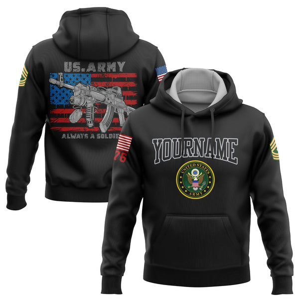 Custom Black Always A Soldiers 1776 American Flag U.S Army Military Rank Name Hoodie