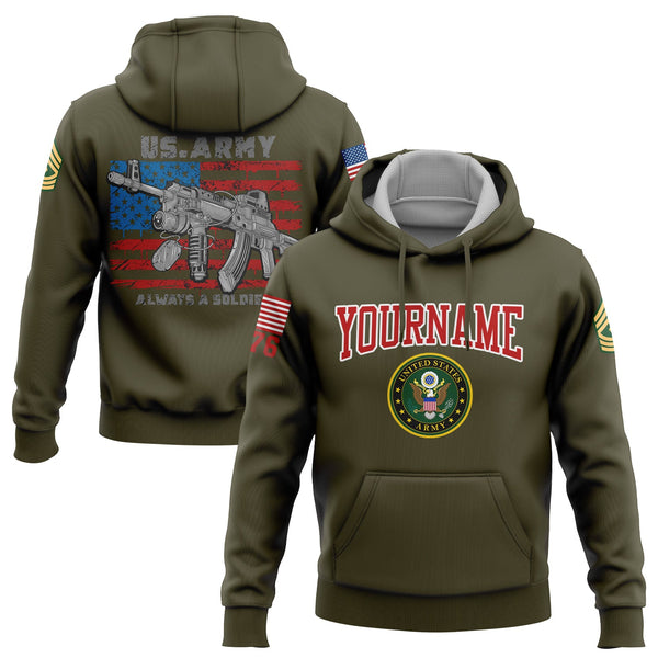Custom Olive Always A Soldiers 1776 American Flag U.S Army Military Rank Name Hoodie