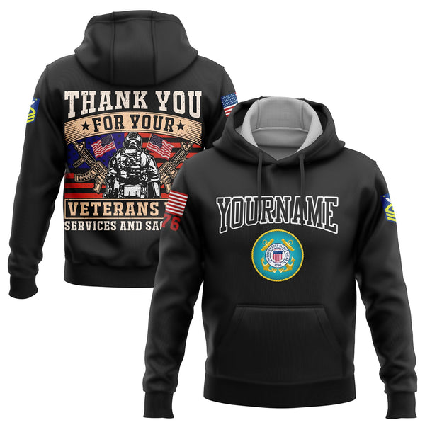 Custom Black Thank You For Your Services And Sacrifice 1776 American Flag U.S Coast Guard Military Rank Name Veterans Day Hoodie