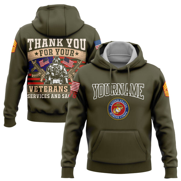 Custom Olive Thank You For Your Services And Sacrifice 1776 American Flag U.S Marine Corps Military Rank Name Veterans Day Hoodie