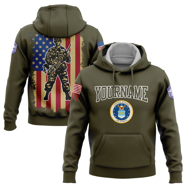 Custom Olive 1776 American Flag U.S Air Force Military Rank Name Hoodie