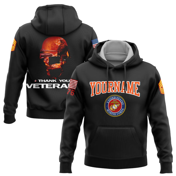 Custom Black Thank You Veterans 1776 U.S Marine Corps Military Rank Name Hoodie