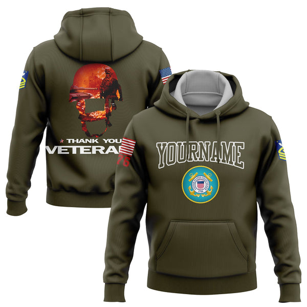 Custom Olive Thank You Veterans 1776 U.S Coast Guard Military Rank Name Hoodie