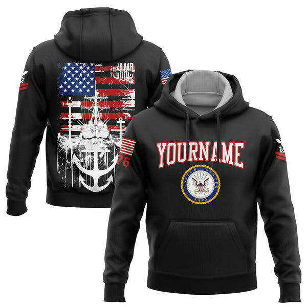 Custom Black Warship 1776 American Flag U.S Navy Military Rank Name Hoodie