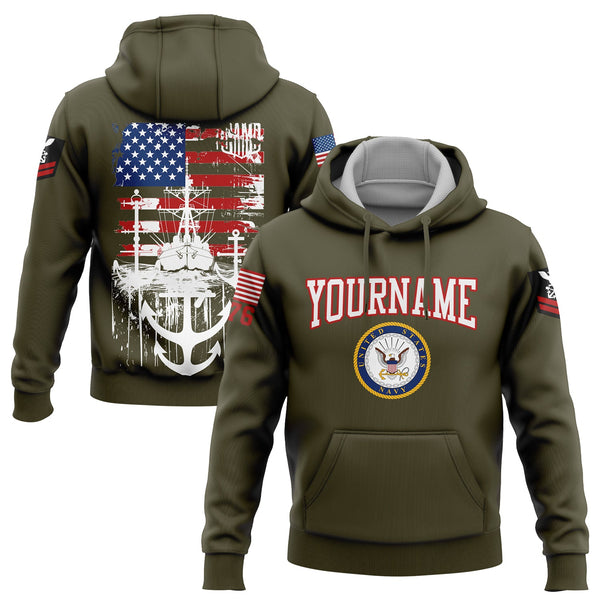 Custom Olive Warship 1776 American Flag U.S Navy Military Rank Name Hoodie
