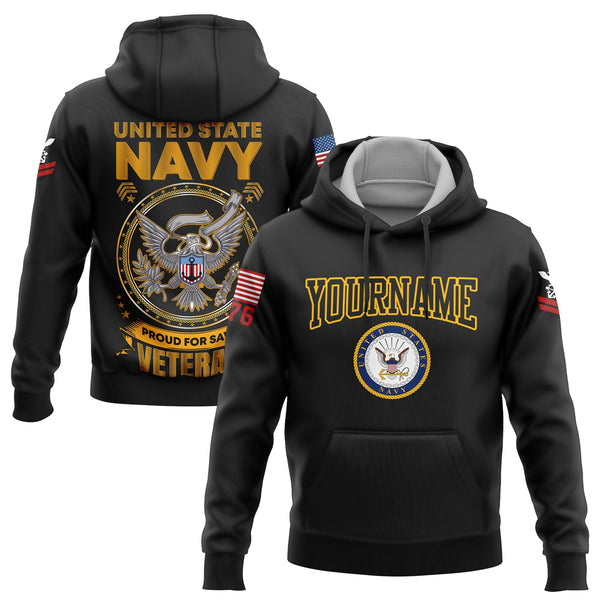 Custom Black Veterans 1776 American Flag U.S Navy Military Rank Name Hoodie