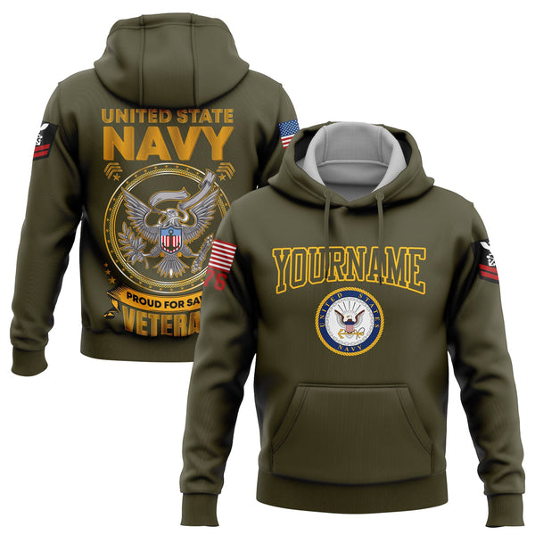 Custom Olive Veterans 1776 American Flag U.S Navy Military Rank Name Hoodie