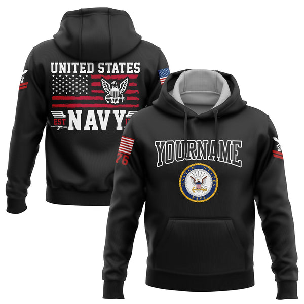 Custom Black Est 1775 American Flag U.S Navy Military Rank Name Hoodie