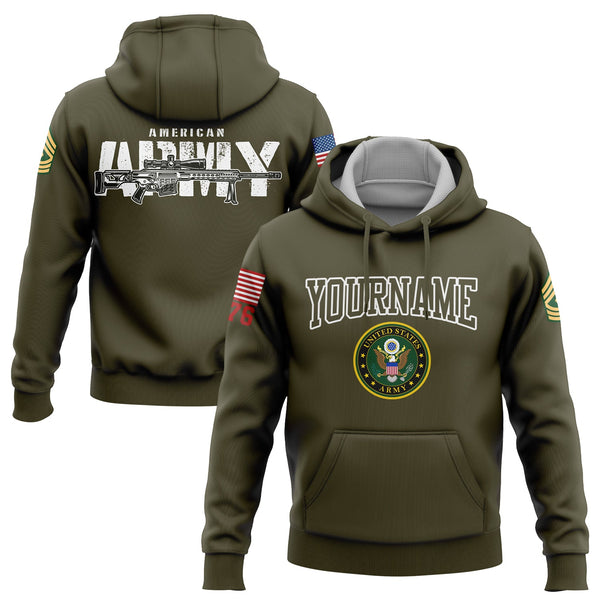 Custom Olive Barrett 1776 American Flag U.S Army Military Rank Name Hoodie