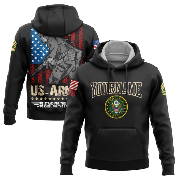 Custom Black We Stand For The Flag We Kneel For The Fallen 1776 American Flag U.S Army Military Rank Name Hoodie