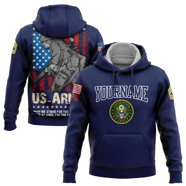 Custom Navy We Stand For The Flag We Kneel For The Fallen 1776 American Flag U.S Army Military Rank Name Hoodie