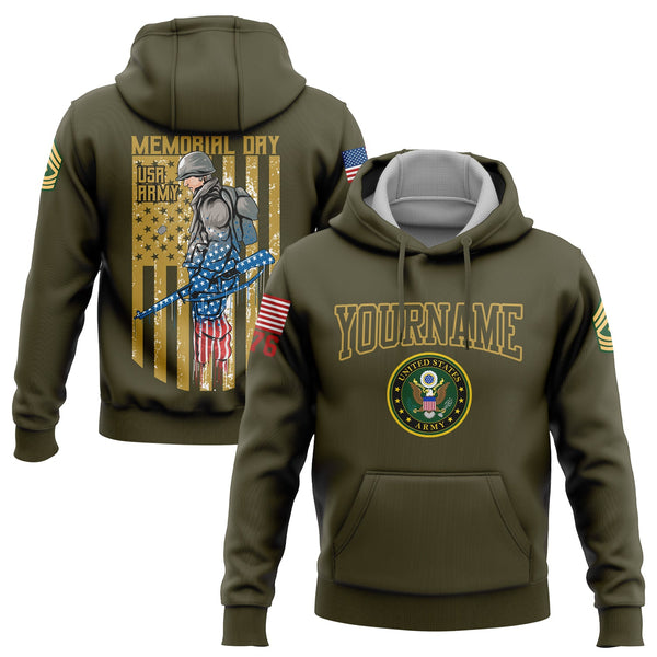 Custom Olive 1776 American Flag U.S Army Military Rank Name Memorial Day Hoodie