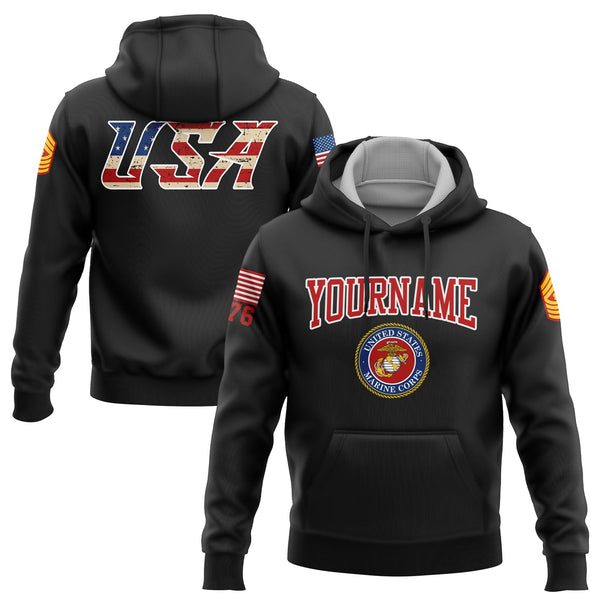 Custom Black USA 1776 American Flag U.S Marine Corps Military Rank Name Hoodie