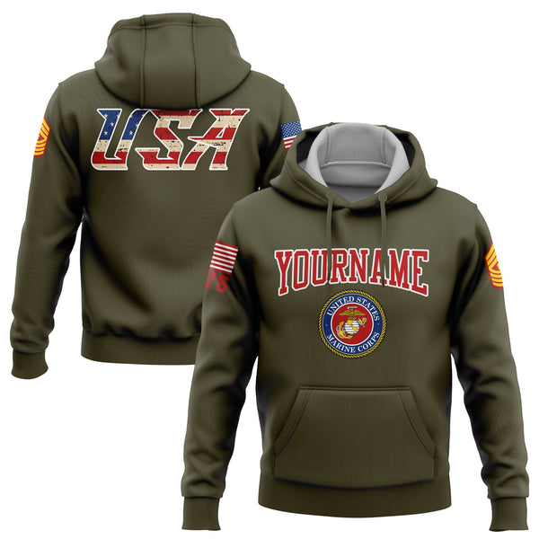 Custom Olive USA 1776 American Flag U.S Marine Corps Military Rank Name Hoodie