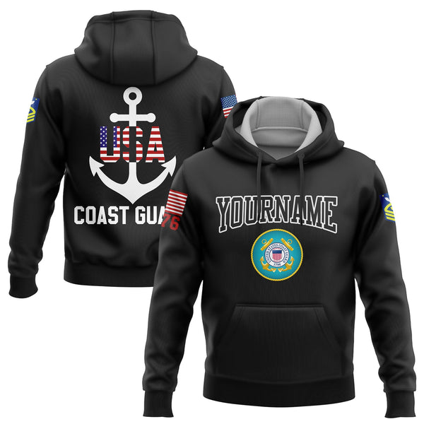 Custom Black USA 1776 American Flag U.S Coast Guard Military Rank Name Hoodie