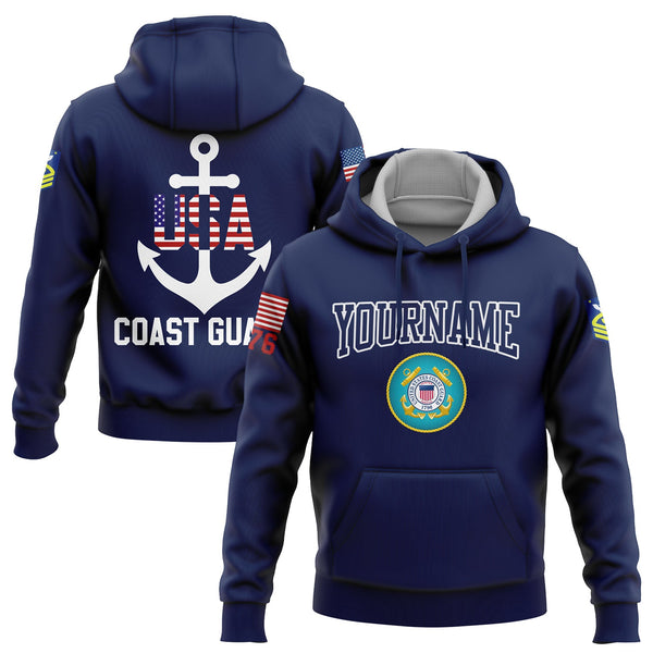 Custom Navy USA 1776 American Flag U.S Coast Guard Military Rank Name Hoodie